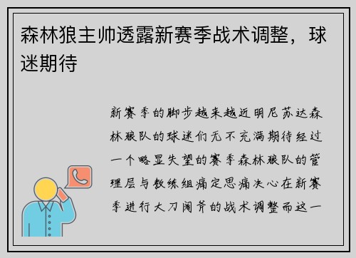 森林狼主帅透露新赛季战术调整，球迷期待